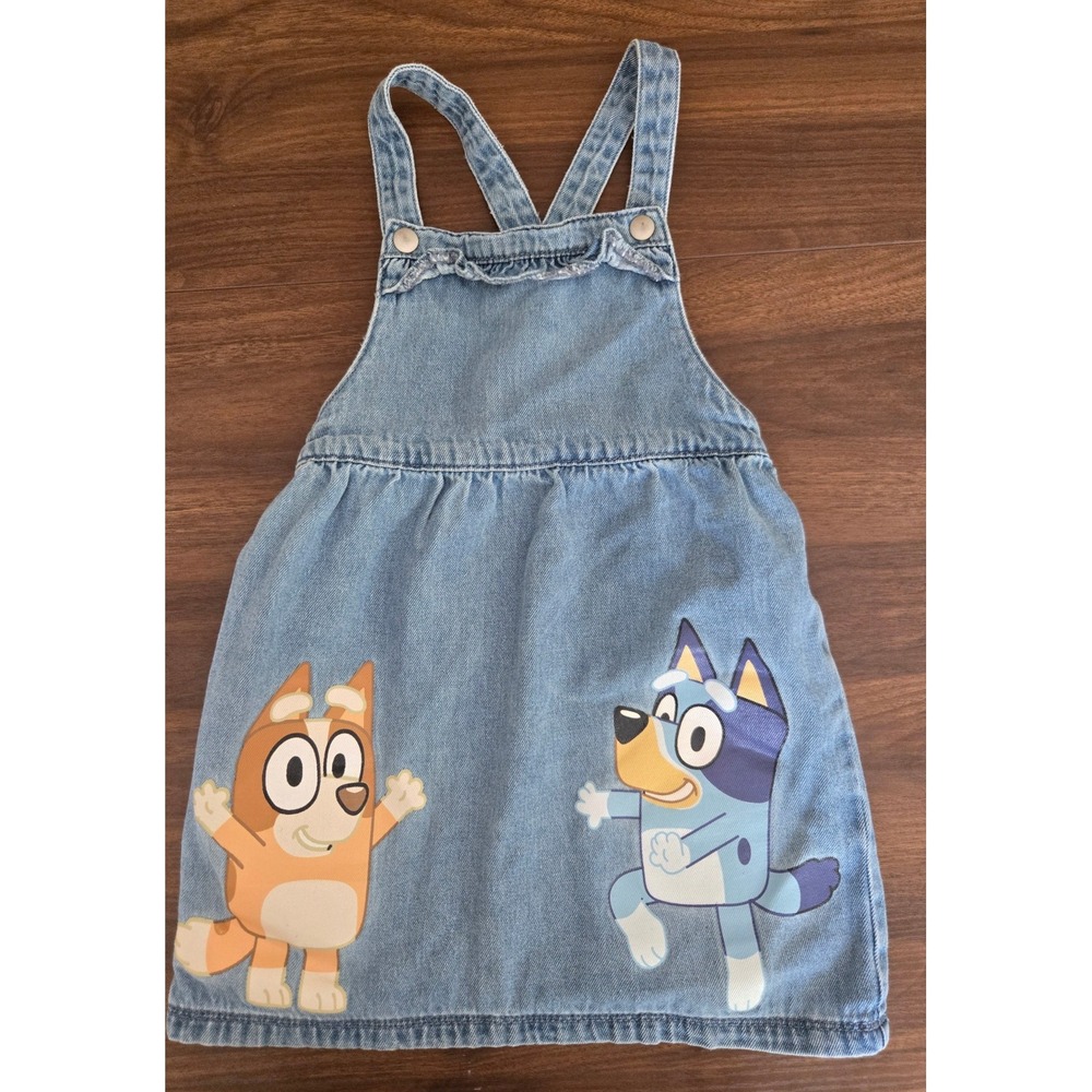 Bluey Bingo Girls Denim Pinafore Dress Light Wash George Kids Size 5-6 Years